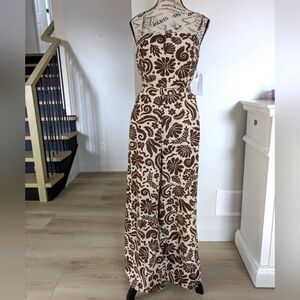 MIDNIGHT SKY | Women's Cream/Brown Floral Two Piece Corset Top w/ Wide Leg Pants